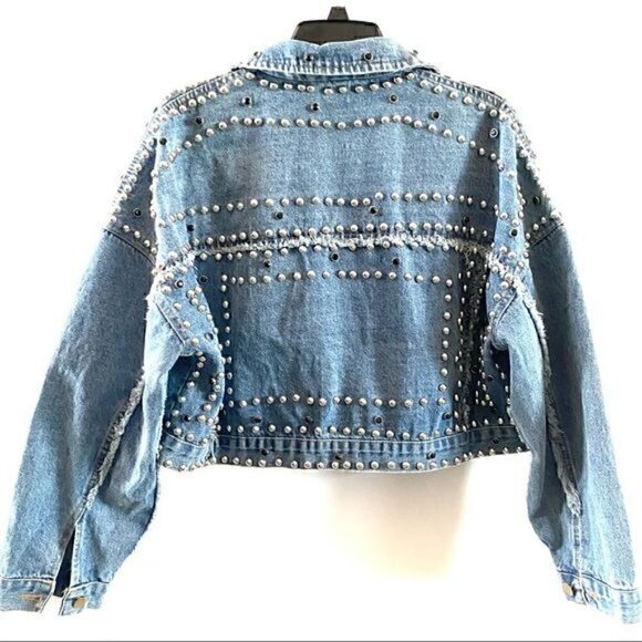 Hand Beaded Rivet Studded Blue Jean Jacket One Size Denim Rodeo Festival Cropped - Picture 2 of 10